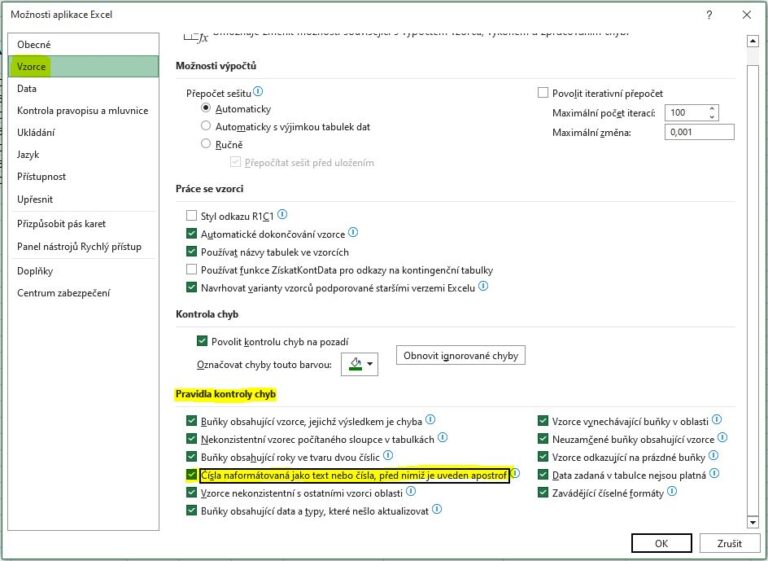 excel chyby možnosti